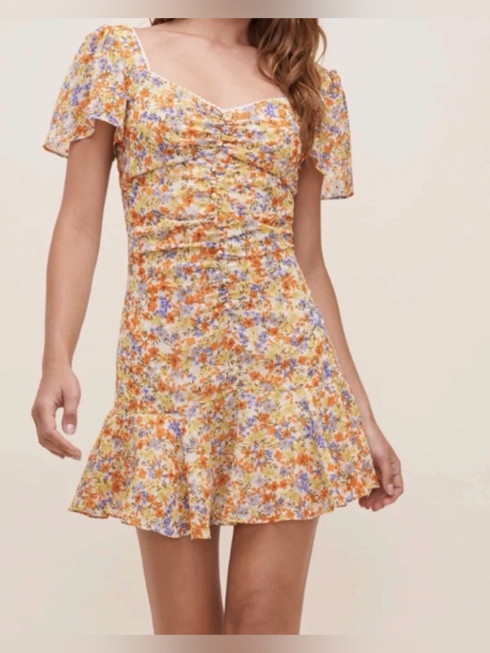 ASTR The Label So Smitten Mini Dress Floral Orange Print Ruched Front Size Small